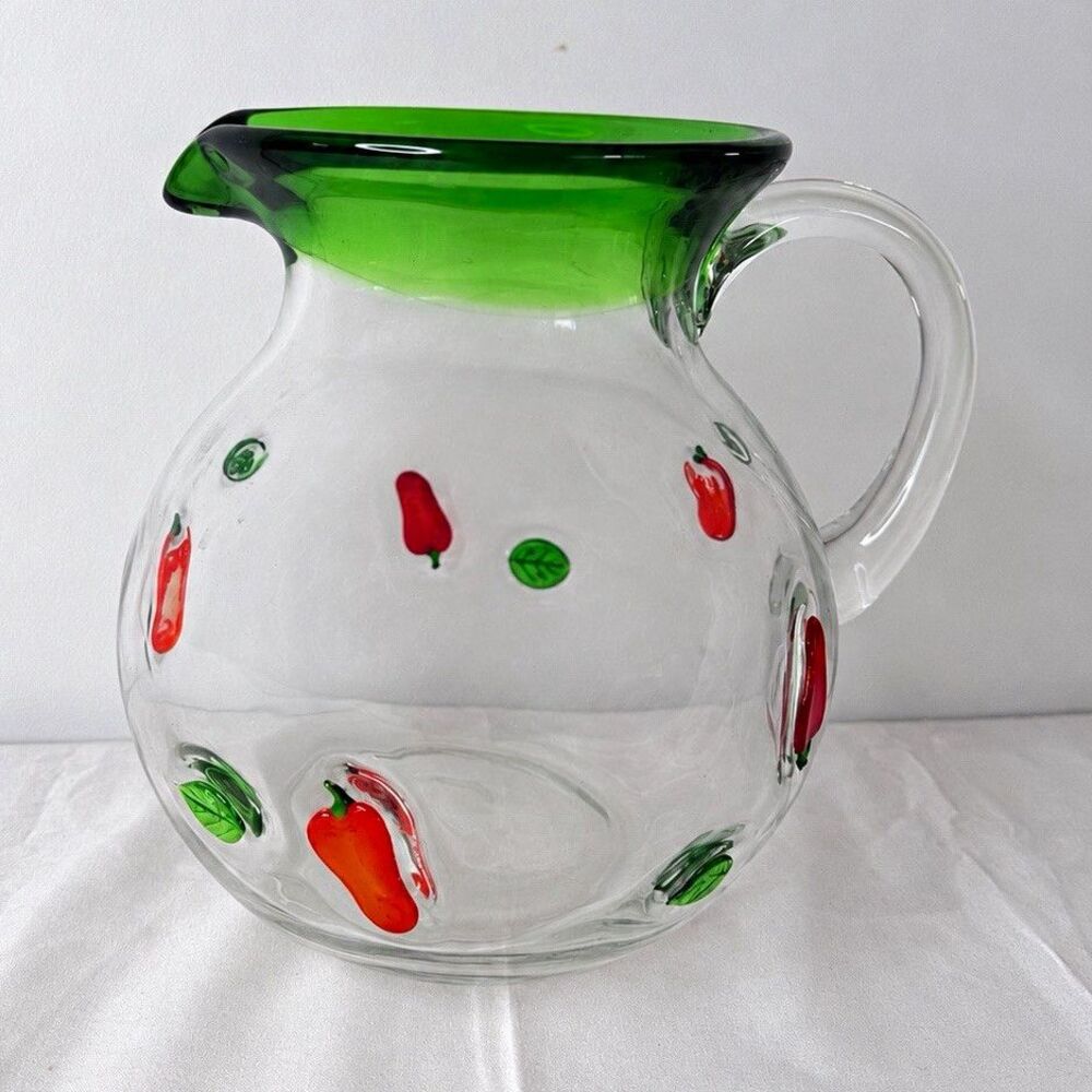 Hand Blown Art Glass Pitcher Red Peppers Green Rim Applied Handle 8”